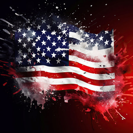Ai generated illustration Patriotic spirit of the United States, with an American flag unfurled against a backdrop of colorful fireworks celebrating Independence Dayの素材