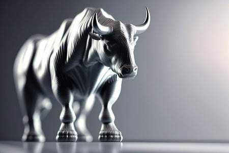 Ai generated illustration metallic statuettes of a bull  metaphoric stock market players.の素材