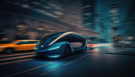 Ai generated illustration of blue futuristic taxi buses on the road, driving in the futuristic city night viewの素材