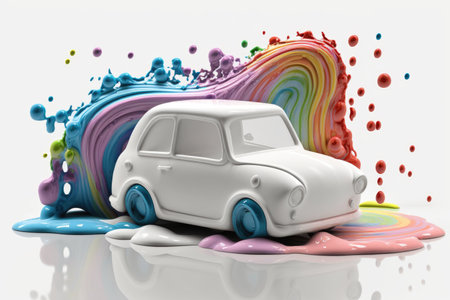 Ai generated illustration of  car covered with splah colorful paintの素材