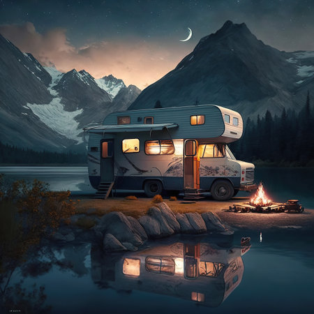 Ai generated illustration motorhome caravan camping with the Mountains Landscape in Summer.の素材