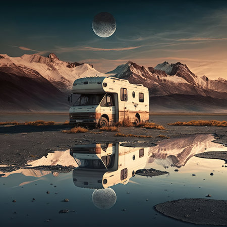 Ai generated illustration motorhome caravan camping with the Mountains Landscape in Summer.の素材