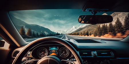 Ai generated illustration a driver's view from a car window to the roadの素材