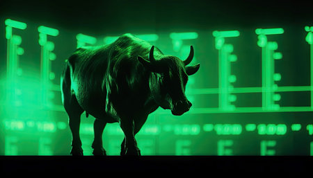 AI generated  illustration of Bull stock exchange. glowing neon bull against the background of stock exchange charts and quotes. Black background.の素材