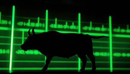 AI generated  illustration of Bull stock exchange. glowing neon bull against the background of stock exchange charts and quotes. Black background.の素材