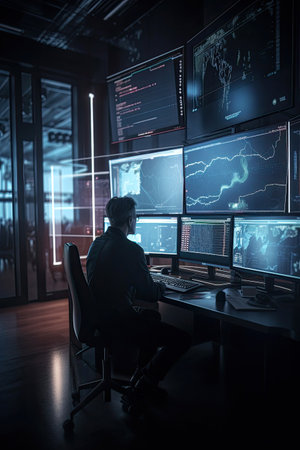 AI generated  illustration Trader doing analysis and trading behind multiple screens showing charts and statistics. Stock, crypto or forex financial market.の素材