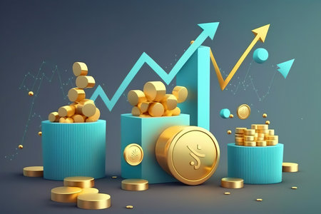 Ai generated illustration  Red up arrow and coin stacks on white background. Financial success and growth conceptの素材