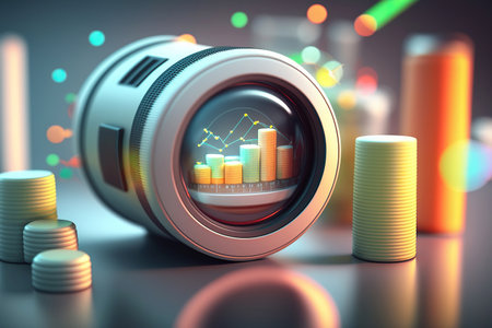 Ai generated illustration  Red up arrow and coin stacks on white background. Financial success and growth conceptの素材