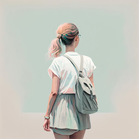 Ai generated illustration rear view of female student with backpack looking awayの素材
