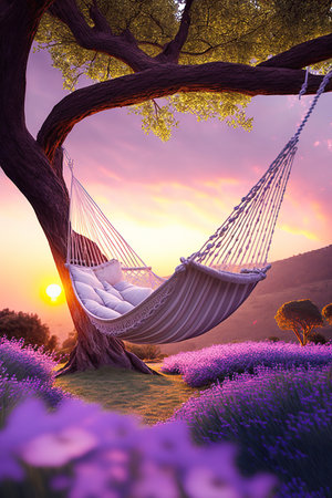 ai generated An evening or lazy morning  at lavender farm with hammock under the ttreeの素材