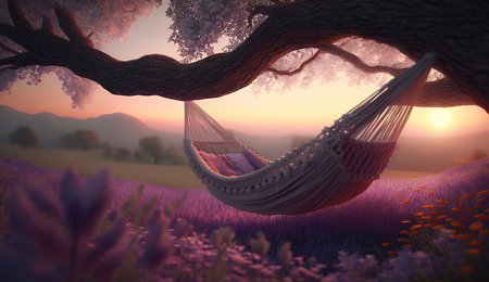 ai generated An evening or lazy morning  at lavender farm with hammock under the ttreeの素材
