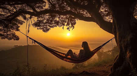 ai generated young woman relaxing on  hammock under trees enjoying  summer morning.の素材