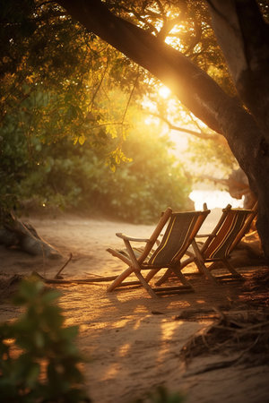 ai generated A bench standing under a tree in a beautiful sunny dayの素材