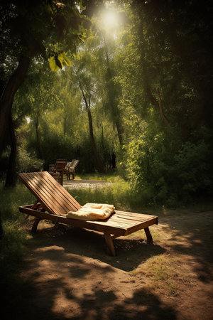 ai generated A bench standing under a tree in a beautiful sunny dayの素材