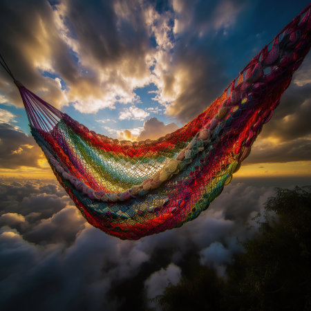 ai generated low angle view of hamock and cloud, dreamlike sunsetの素材