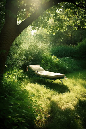 ai generated A bench standing under a tree in a beautiful sunny dayの素材
