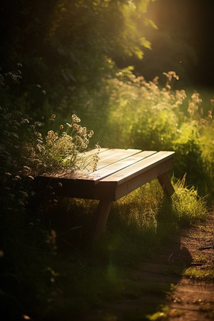 ai generated A bench standing under a tree in a beautiful sunny dayの素材
