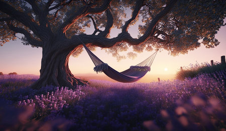 ai generated An evening or lazy morning  at lavender farm with hammock under the ttreeの素材