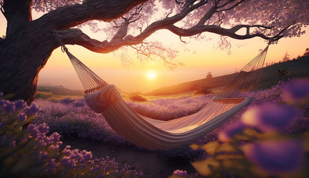ai generated An evening or lazy morning  at lavender farm with hammock under the ttreeの素材