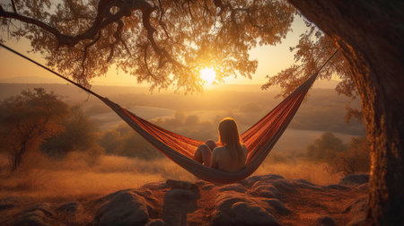 ai generated young woman relaxing on  hammock under trees enjoying  summer morning.の素材
