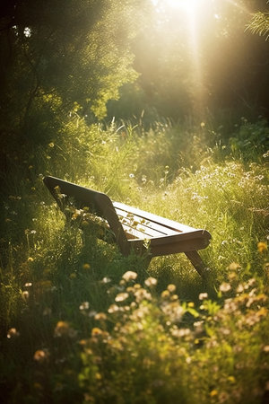 ai generated A bench standing under a tree in a beautiful sunny dayの素材