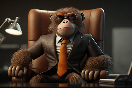 Monkey wearing suit in office , Businessman monkey sitting at office , Generative Aiの素材