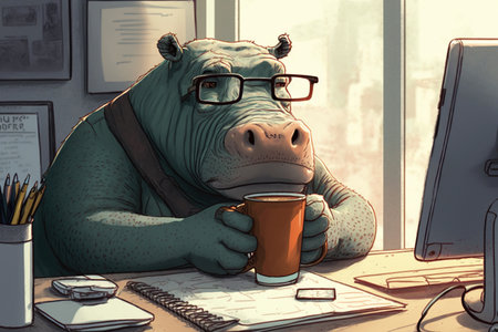 ai generated Illustration of A fat hippopotamus is sitting at the office table in front of a computerの素材