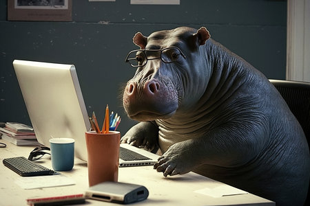 ai generated Illustration of A fat hippopotamus is sitting at the office table in front of a computerの素材