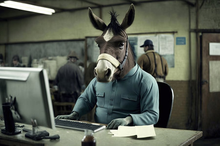 ai generated Illustration funny man wearing horse mask working  typing concentrated on activities in officeの素材
