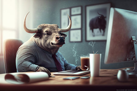 Bull wearing a suit and tie using a computer at the desk - Generative AIの素材