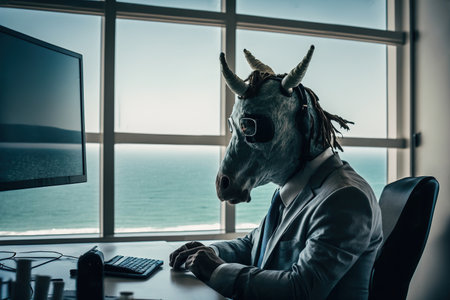 ai generated Illustration funny man wearing horse mask working  typing concentrated on activities in officeの素材