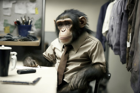 Monkey wearing suit in office , Businessman monkey sitting at office , Generative Aiの素材