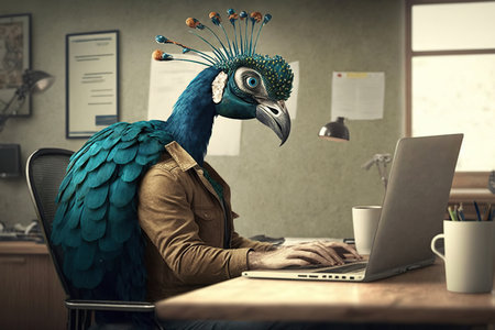 ai generated Illustration of A peacock work as copywriter,storytelling.の素材