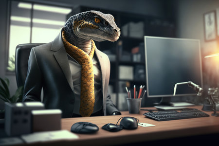 Untrustworthy snake in a business suit. Generative AI.の素材