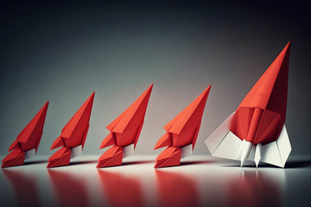 ai generated Illustration red paper flying front of other paper plane leadership conceptの素材