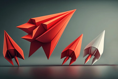 ai generated Illustration red paper flying front of other paper plane leadership conceptの素材