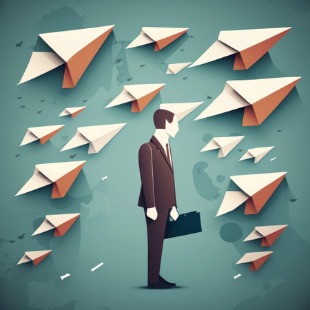 ai generated Illustration businessman holding brief case with airplane on topの素材