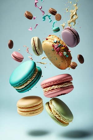 ai generated Illustration Sweet macaroons cookies falling in motionの素材