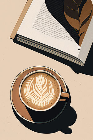 ai generated Illustration of cup of latte wit coffee art and bookの素材