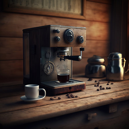 ai generated Illustration of  vintage coffee machine on wood backgroundの素材