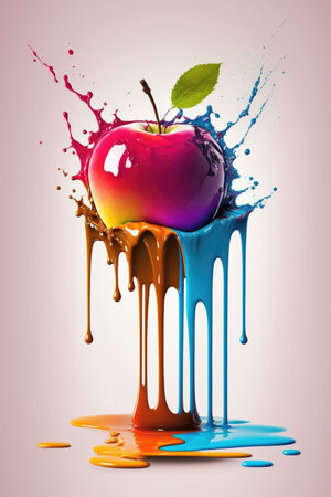 ai generated Illustration apple dripping with colorful paint splashes and drops on a white backgroundの素材