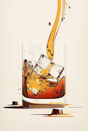 Pour cognac into a glass with ice. Alcoholic beverage. AI generatedの素材