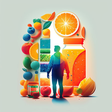 Ai generated illustration abstract man outline with vegetables and fruit. Vegan lifestyle concept, Healthy food fitnessの素材
