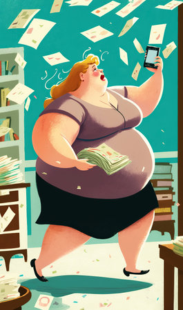 Woman with a obesity reads books for weight loss and eats cupcakes. Girl sitting on the diet.の素材