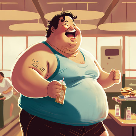 Ai generated illustration obese man oversize hold pack of drinkの素材