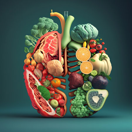 Ai generated illustration Human lungs made of vegetables and fruits on green background.の素材