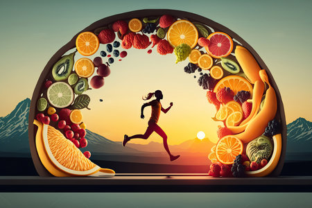 Ai generated illustration abstract women with vegetables and fruit. Vegan lifestyle concept, Healthy food fitnessの素材
