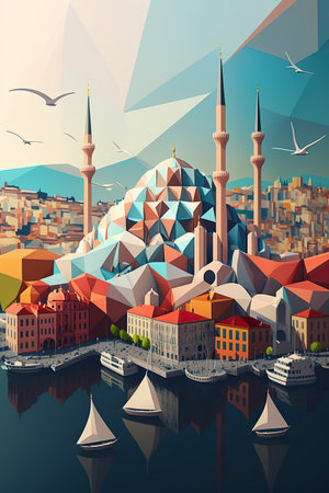 Ai generated illustration modern art poster low poly of turkey cityscrapperの素材