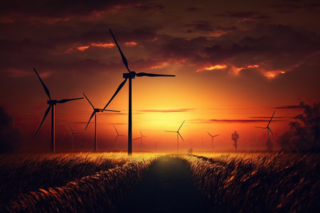 Ai generated illustration turbine wind power green energy electricity  against sunset skyの素材