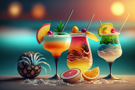 Ai generated illustration Assorted cocktails on tropical background.の素材